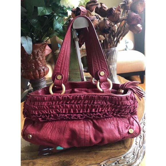 Bill Blass ruffle trim red leather satchel bag purse (500 - Picture 1 of 12